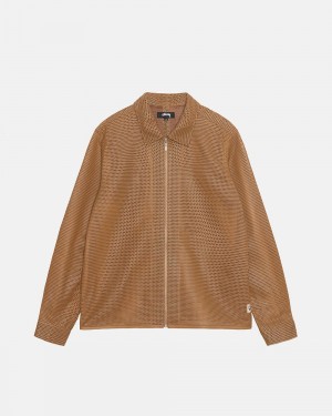 Chemise Stussy Zip Perforated Leather Marron France | 02185-HDVJ