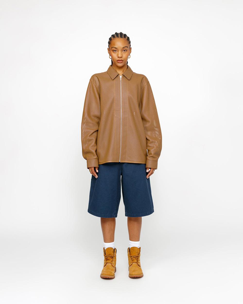 Chemise Stussy Zip Perforated Leather Marron  France |  02185-HDVJ