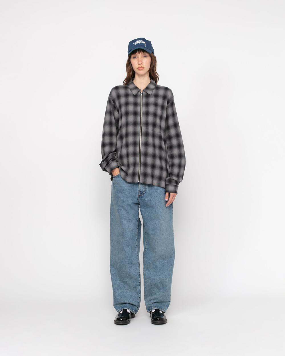 Chemise Stussy Zip Twisted Yarn Plaid Grise  France |  58179-FXCI
